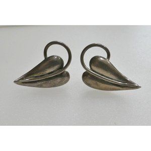 Vintage Signed Maricela Mexican Sterling Silver Leaf Earrings Screwbacks